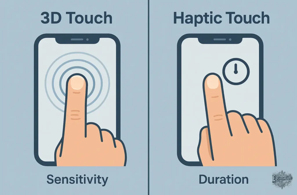 3D Touch ve Haptic Touch teknolojileri arasındaki farkı gösteren karşılaştırmalı illüstrasyon; 3D Touch basınç duyarlılığını, Haptic Touch ise dokunma süresini kullanır.