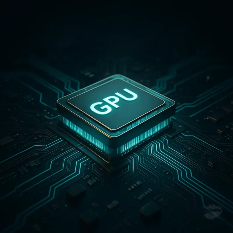 Bir anakart üzerinde parlayan GPU çipi, grafik işlem birimini temsil eden gerçekçi 3D görsel.