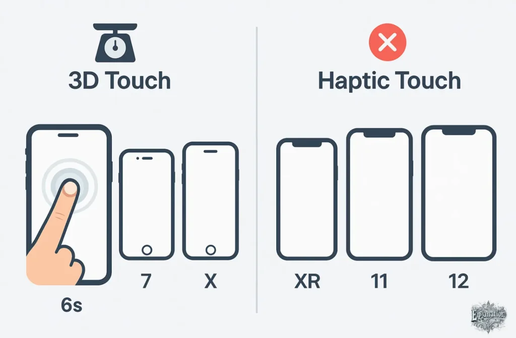 iPhone'ların 3D Touch ve TouchScale uyumluluğunu gösteren infografik; solda uyumlu olan iPhone 6s, 7, X gibi modeller, sağda ise uyumsuz olan iPhone XR, 11, 12 gibi modeller yer alıyor.