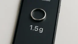 iPhone ekranında TouchScale arayüzü ile 1.5 gram ağırlığında gümüş bir yüzüğün tartıldığını gösteren yakın çekim.