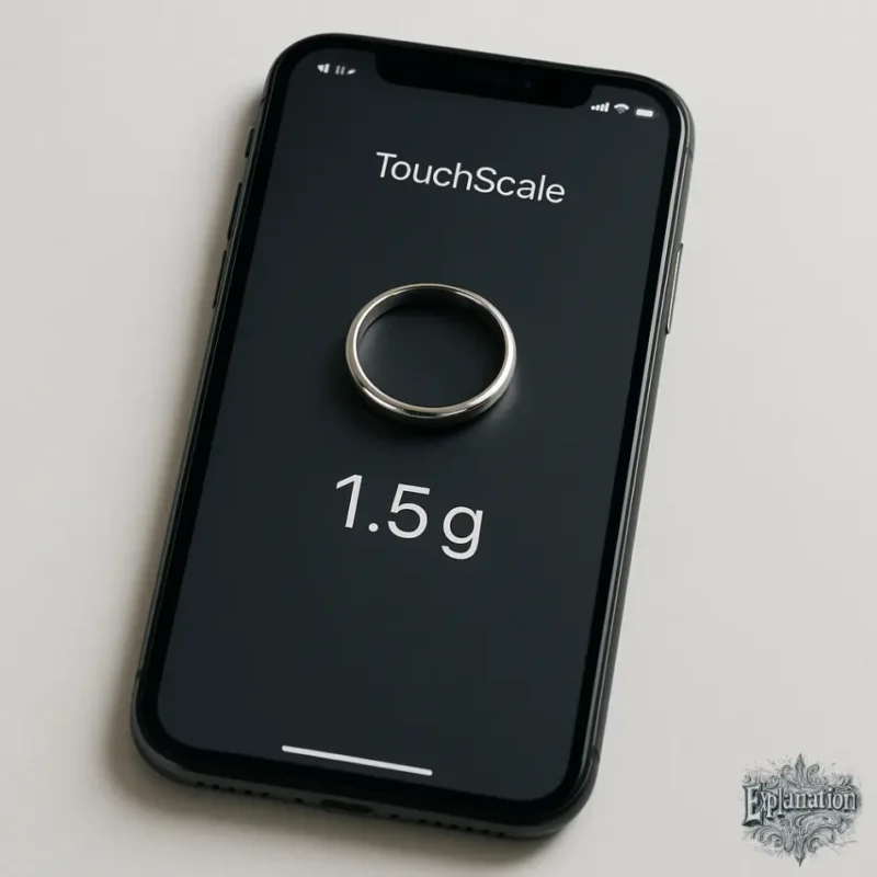 iPhone ekranında TouchScale arayüzü ile 1.5 gram ağırlığında gümüş bir yüzüğün tartıldığını gösteren yakın çekim.