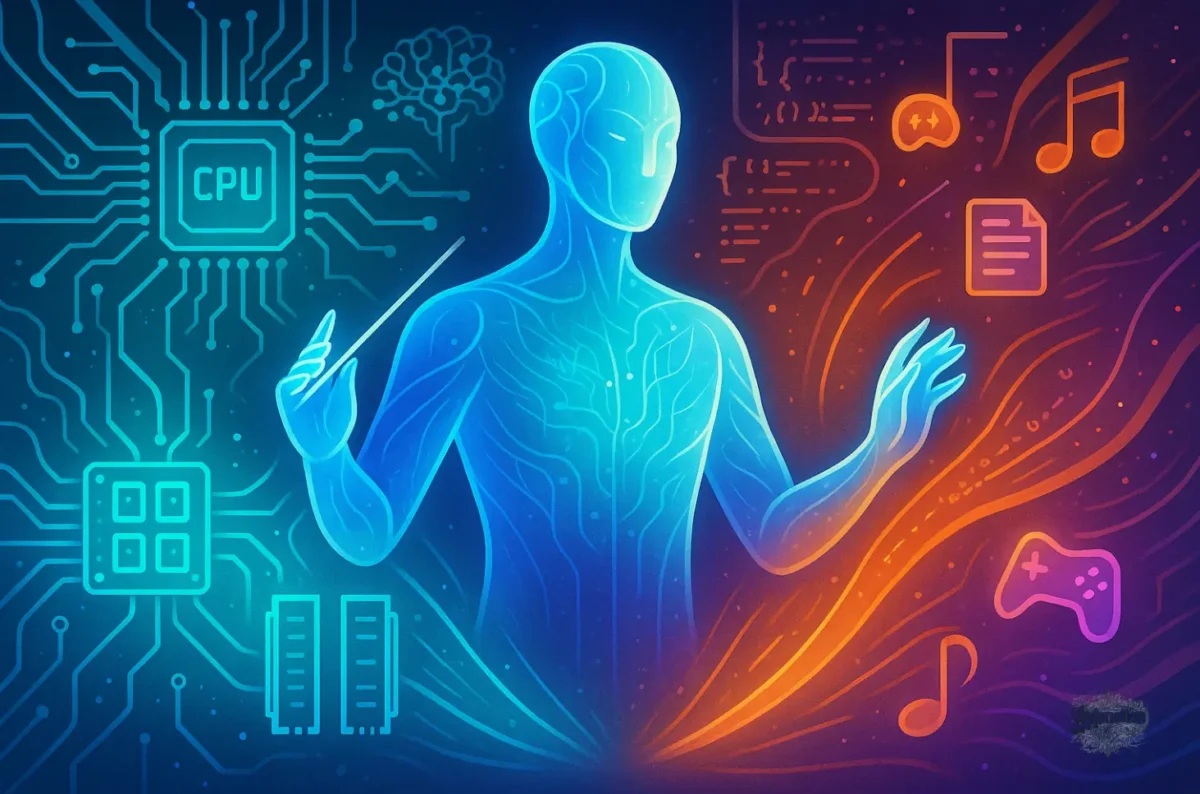İşletim sistemini temsil eden parlak mavi bir orkestra şefi figürü, bir yanda bilgisayar donanımını (CPU, devreler) diğer yanda ise yazılım simgelerini (oyun, müzik, belge) yönetiyor.