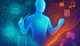 İşletim sistemini temsil eden parlak mavi bir orkestra şefi figürü, bir yanda bilgisayar donanımını (CPU, devreler) diğer yanda ise yazılım simgelerini (oyun, müzik, belge) yönetiyor.