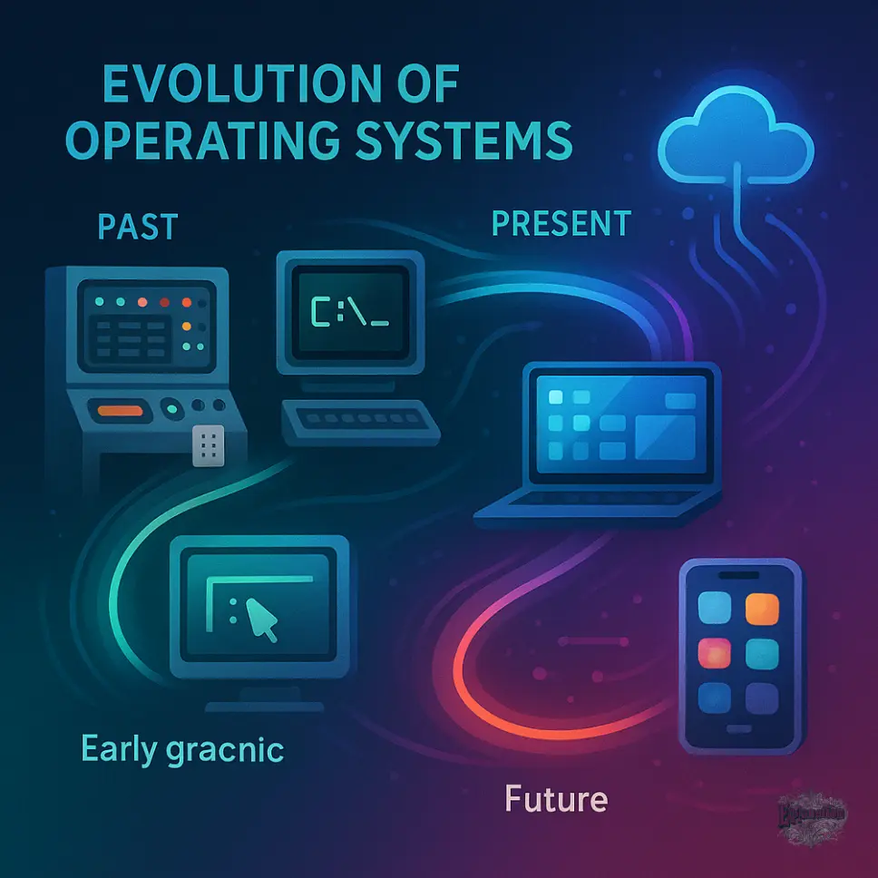 İşletim sistemlerinin geçmişten günümüze ve geleceğe evrimini gösteren bir infografik. Mainframe bilgisayar, komut satırı ekranı, erken grafik arayüz, modern laptop, akıllı telefon ve bulut bilişim simgeleri içeriyor.