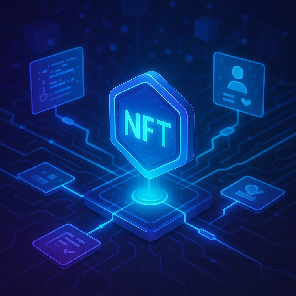 Parlayan bir NFT simgesi, veri bağlantılarıyla çevrili dijital bir ağ üzerinde blok zinciri teknolojisini temsil ediyor.