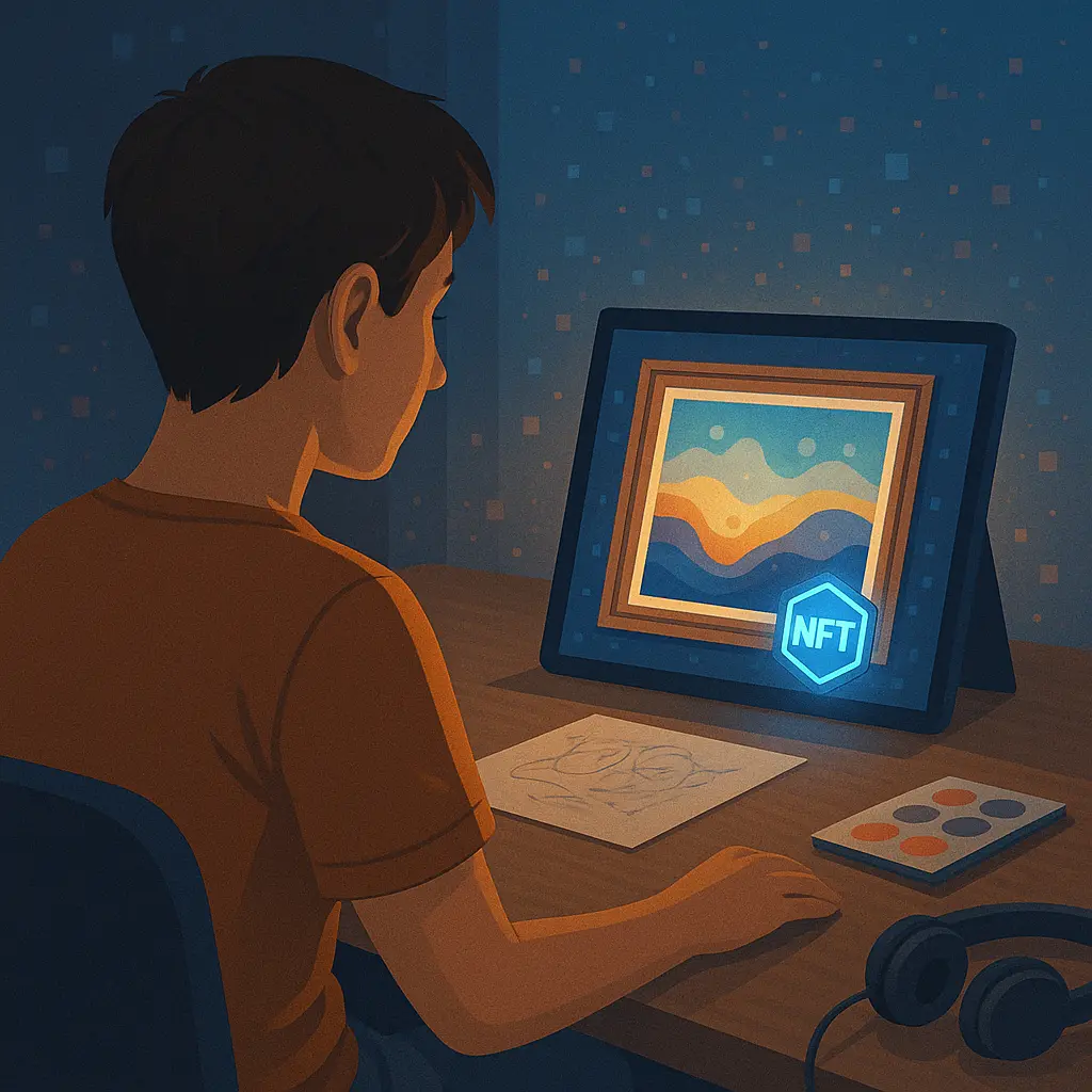 Bilgisayar ekranında NFT etiketi taşıyan dijital bir sanat eserine bakan kişi, dijital sahipliği temsil ediyor.