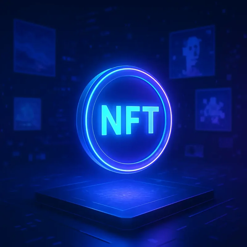 Sanal bir galeride parlayan mavi bir NFT token’ı, dijital sanat ve blok zinciri teknolojisini temsil ediyor.