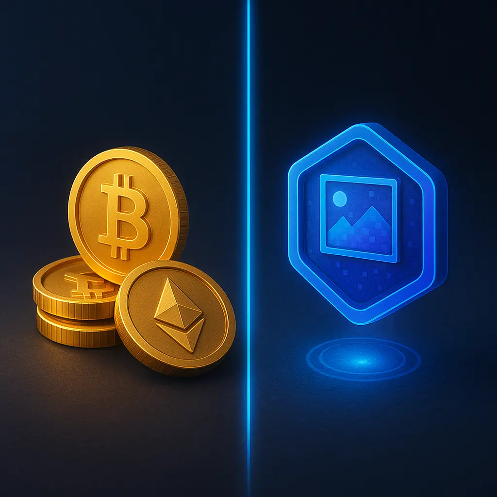 Bir tarafta Bitcoin ve Ethereum sembollü altın kripto paralar, diğer tarafta mavi NFT simgesi; iki dijital varlık arasındaki farkı temsil ediyor.